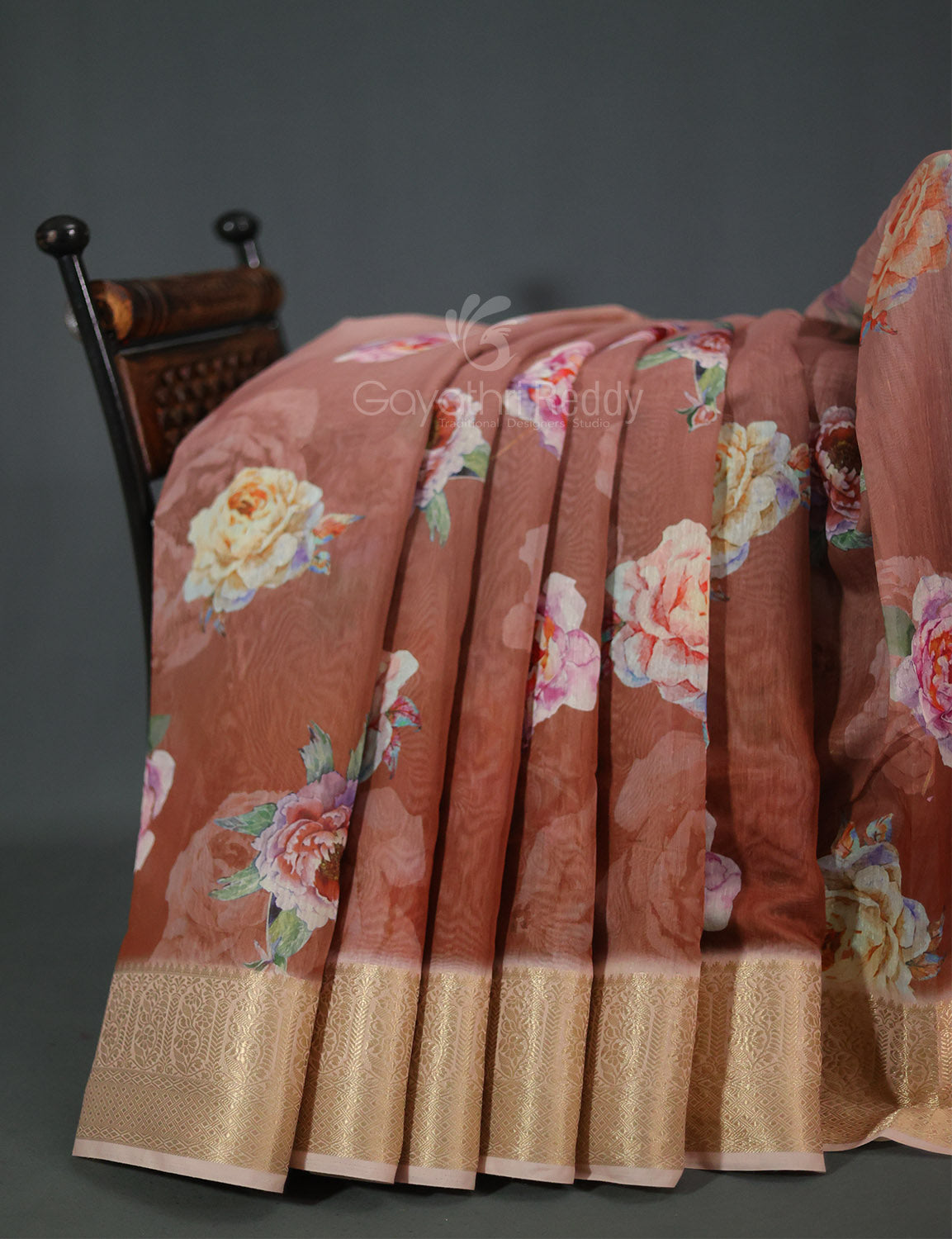 Light Rust Colour Floral Printed Semi Chanderi Grab2Buy By Gayathri Reddy Designer Studio 