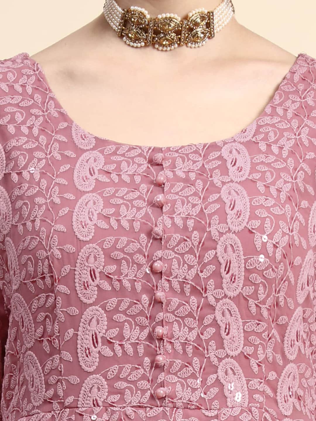 Kalini Paisley Embroidered Chikankari Georgette Anarkali Kurta With Dupatta Set 