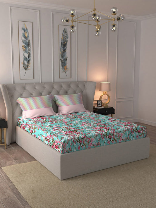 MYTRIDENT Turquoise Blue Pink Floral Pure Cotton 144 TC Queen Bedsheet 2 Pillow Covers 