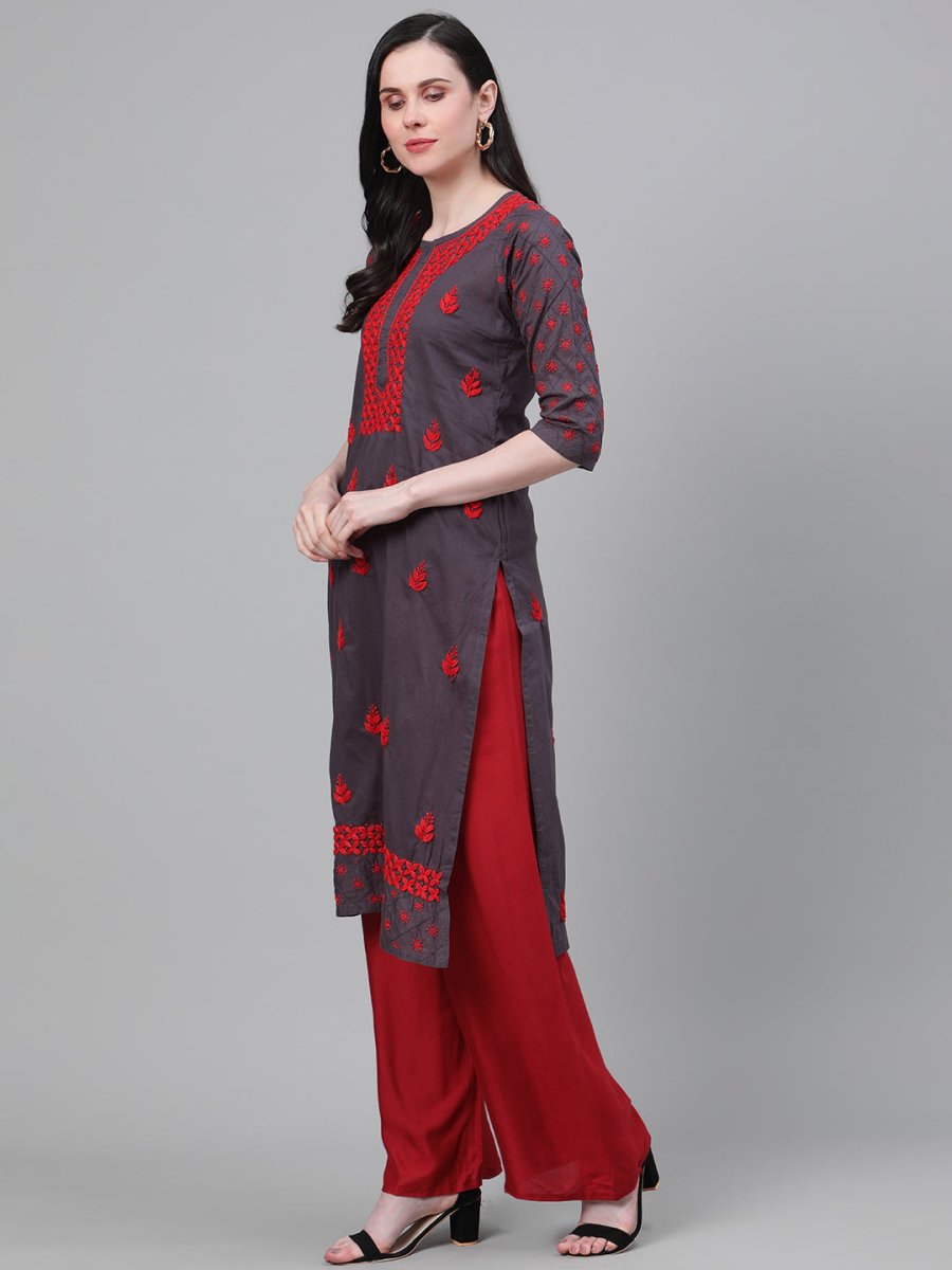 ADA Women Charcoal Grey & Red Chikankari Hand Embroidered Cotton Straight Sustainable Handloom Kurta 