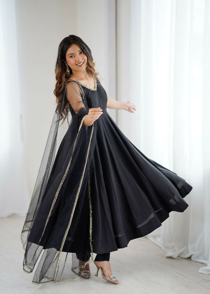Joban Fashion Black Kurta Set Chanderi Sequence Embroidery Work 