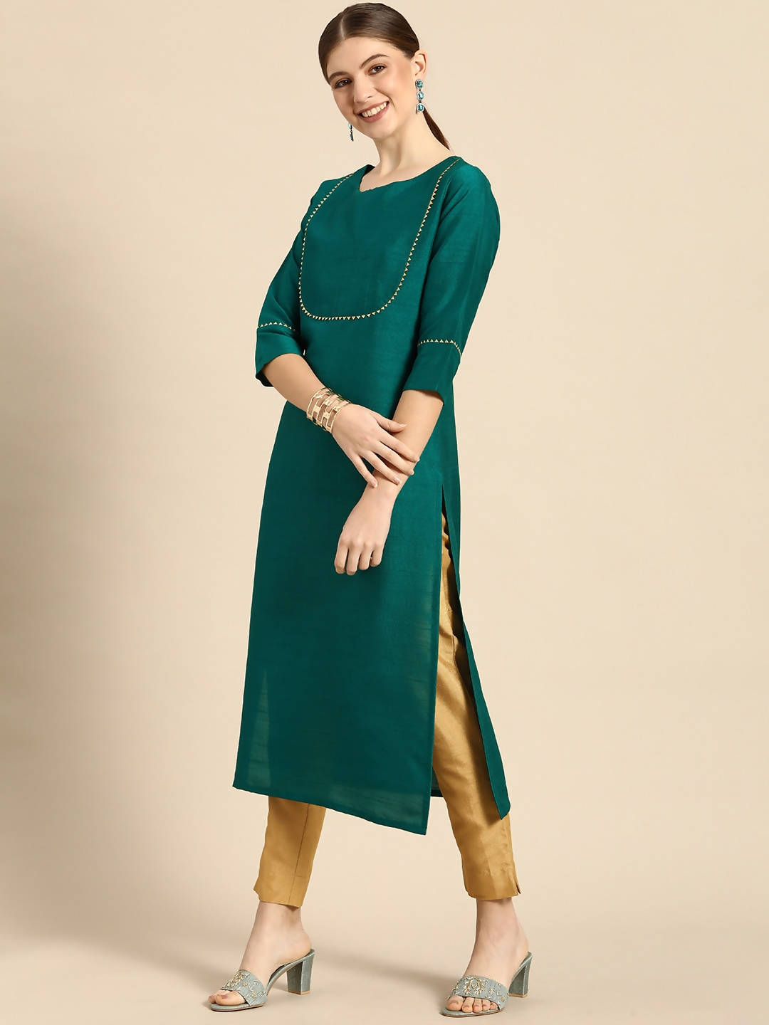 Janasya Women Green Regular Kurta with Trousers
