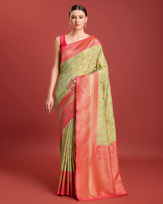 Monjolika Fashion Glamour And Tradition With This Pastel Green Color Zari Woven Banarasi Tissue Silk Saree