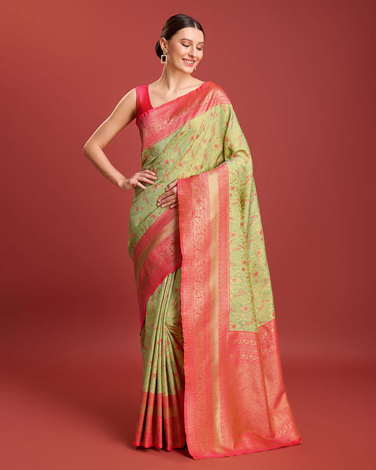 Monjolika Fashion Glamour And Tradition With This Pastel Green Color Zari Woven Banarasi Tissue Silk Saree