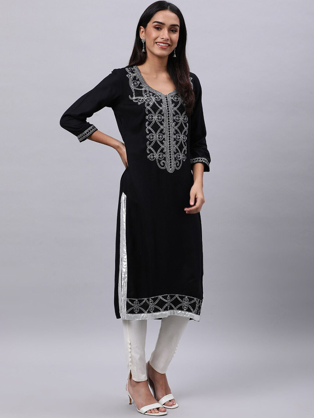 Souchii Women Black Ethnic Motifs Yoke Design Thread Work Kurta 