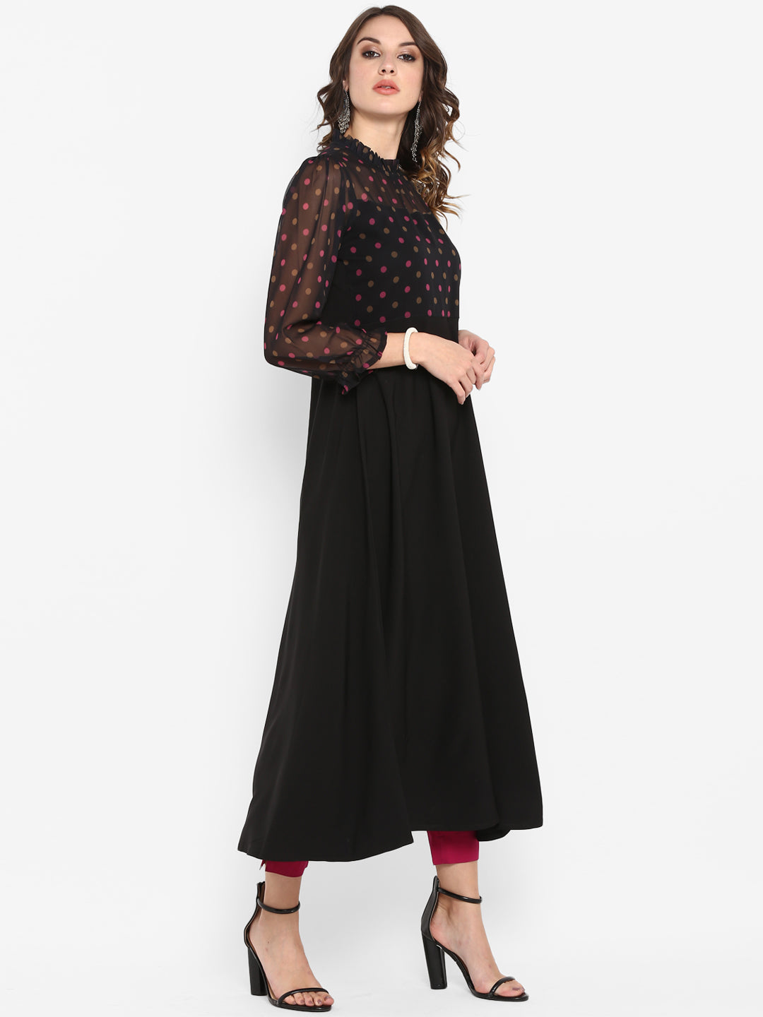 Janasya Women Black & Pink Printed A-Line Kurta