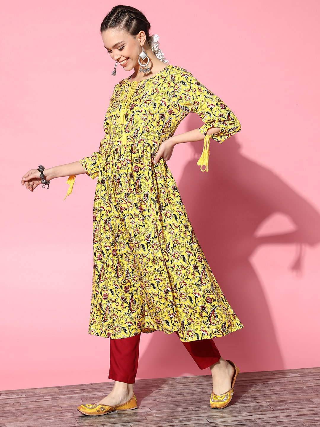 HERE&NOW Yellow & Red Ethnic Motifs Print Parade Anarkali Kurta with Trousers & Dupatta