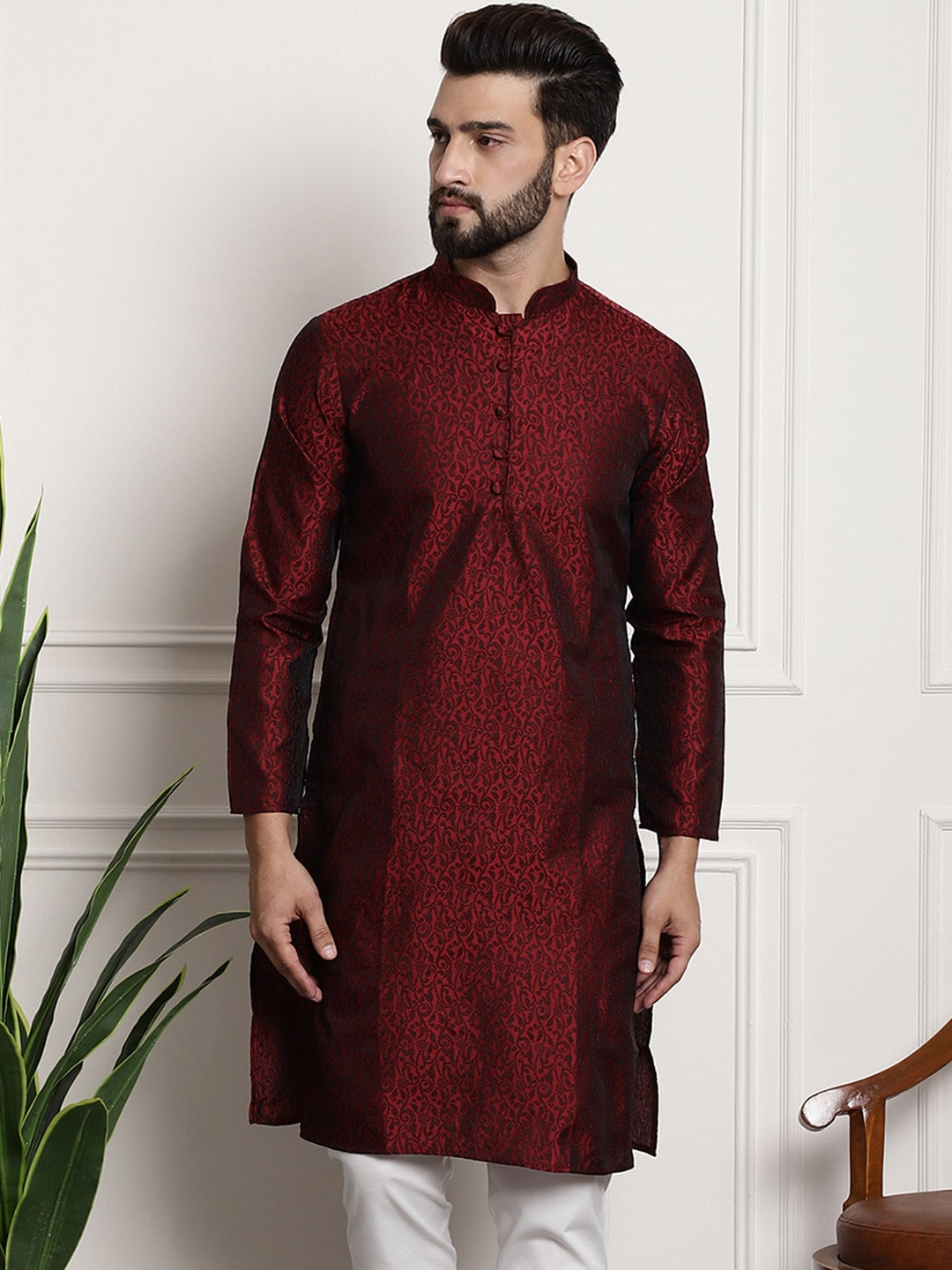 Sojanya Men Maroon Printed Straight Kurta 