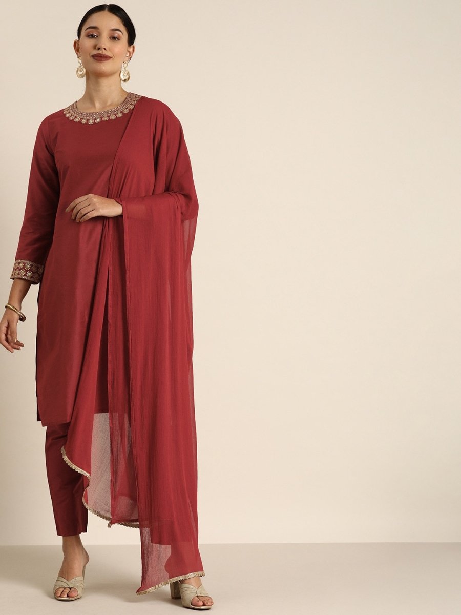 All About You Women Maroon & Golden Satin Finish Kurta with Trousers & With Dupatta