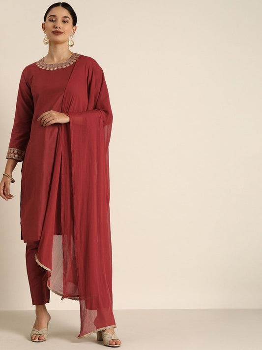 All About You Women Maroon & Golden Satin Finish Kurta with Trousers & With Dupatta