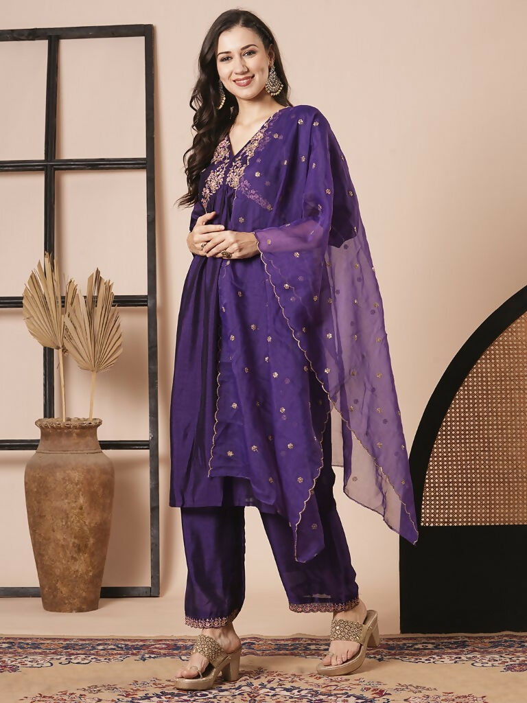 Purple Vichitra Silk Embroidery Work Kurta Set - Riya