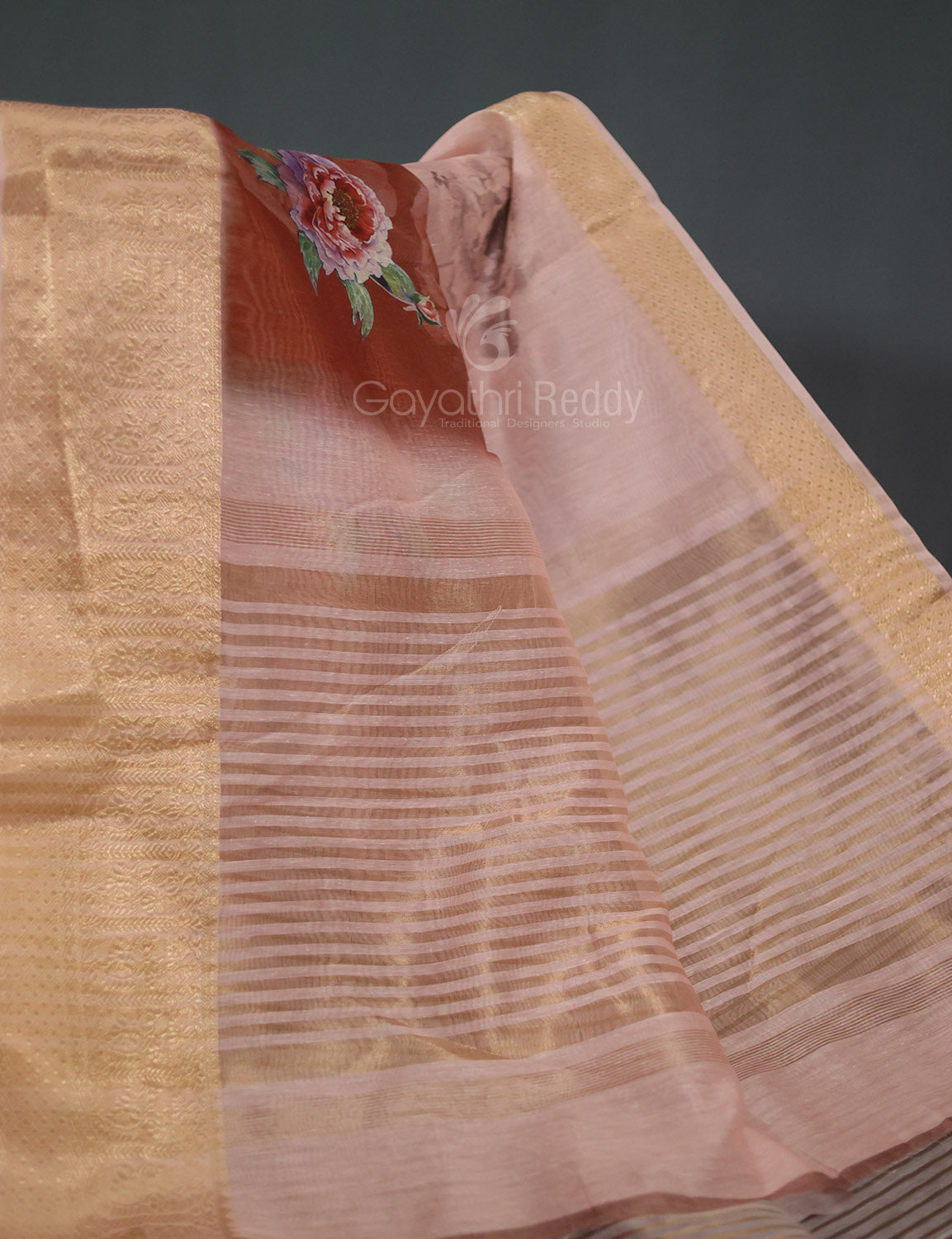 Light Rust Colour Floral Printed Semi Chanderi Grab2Buy By Gayathri Reddy Designer Studio 