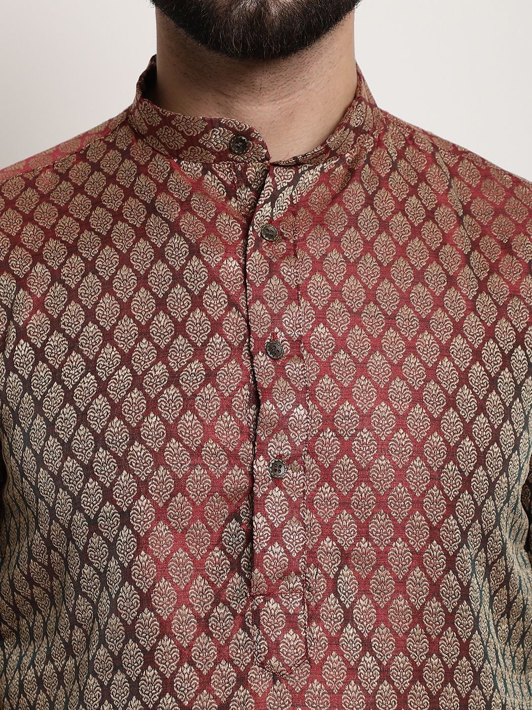 Sojanya Men Maroon & Golden Ethnic Motifs Jacquard Silk Kurta 
