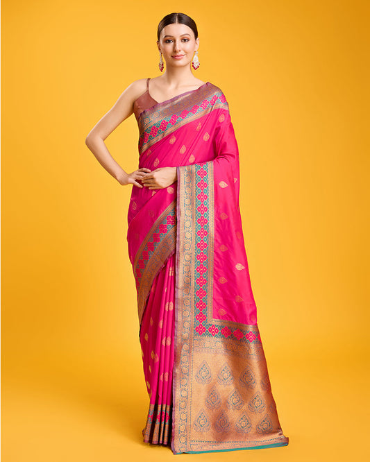 Monjolika Fashion Rani Pink Banarasi Rich Zari Woven Weave For Opulent Charm Silk Saree