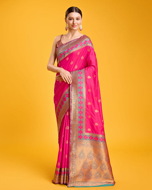 Monjolika Fashion Rani Pink Banarasi Rich Zari Woven Weave For Opulent Charm Silk Saree
