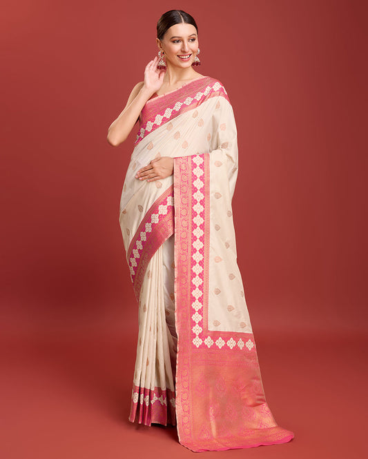 Monjolika Fashion Cream Color Banarasi Rich Zari Woven Weave For Opulent Charm Silk Saree