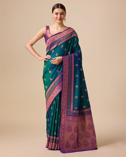 Monjolika Fashion Dark Teal Color Banarasi Rich Zari Woven Weave For Opulent Charm Silk Saree