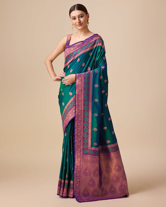 Monjolika Fashion Dark Teal Color Banarasi Rich Zari Woven Weave For Opulent Charm Silk Saree