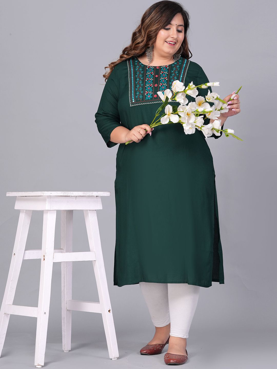 Sztori Plus Size Embroidered Yoke Design Round Neck Three-Quarter Sleeves Straight Kurta