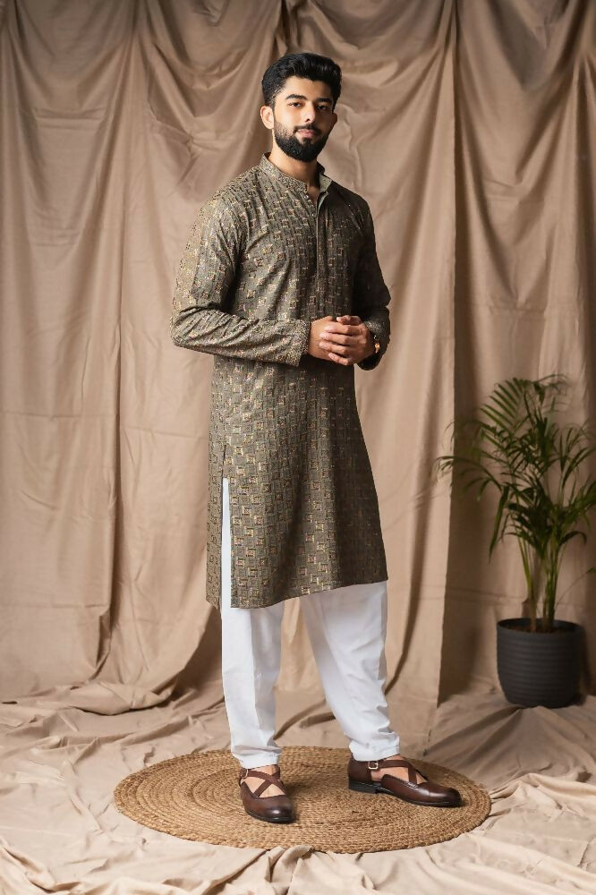 Mehandi Green Rayon Thread Embroidery Work Kurta Set - Mahotsav
