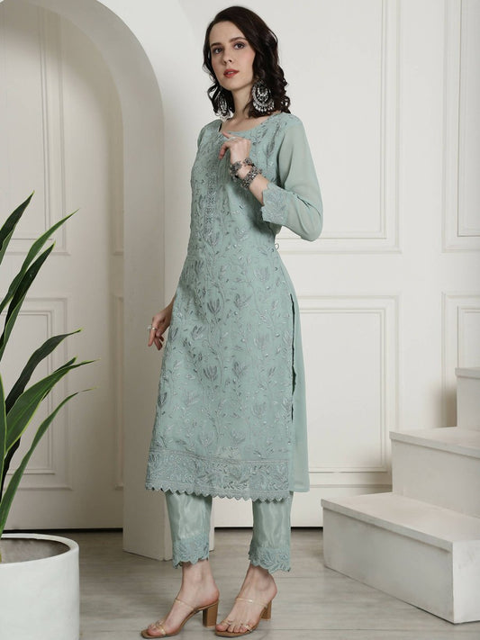Aastha Fashion Women's Green Georgette Floral Resham Thread with Cording & Crystal work Kurta with Trouser & Dupatta - Grab2buy