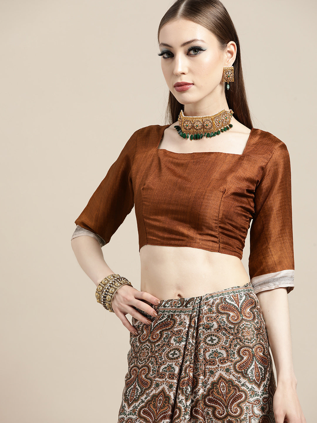 Saree Mall Cream-Coloured & Brown Paisley Printed Pashmina Silk Bagru Saree