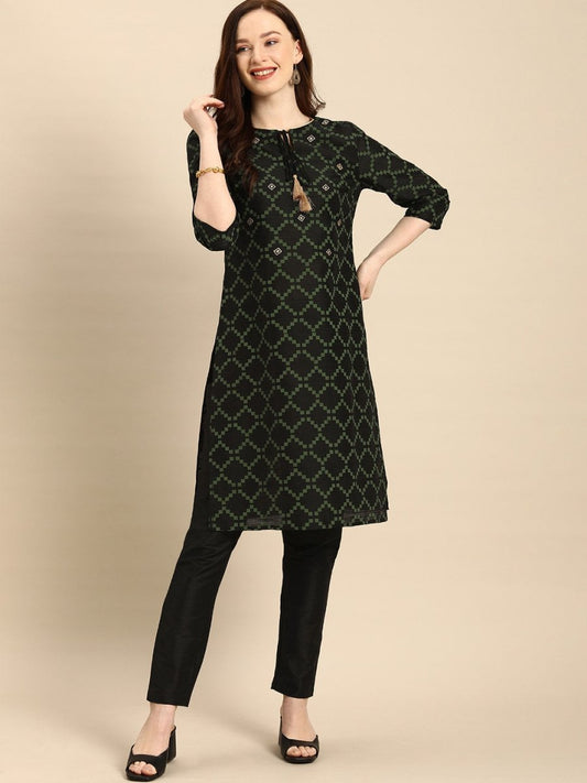 All About You Women Black & Green Printed Kurta with Trousers