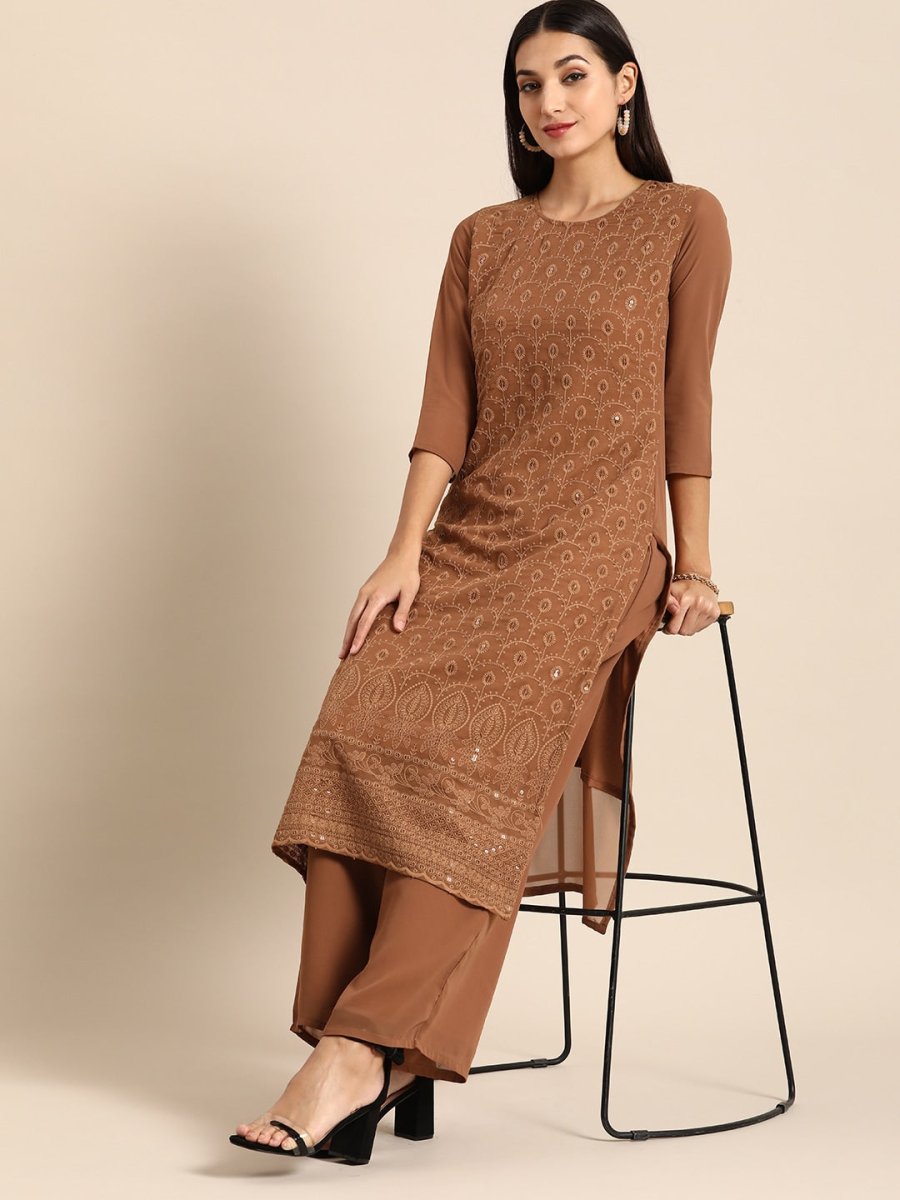 All About You Women Brown Ethnic Motifs Embroidered Chikankari Kurta with Palazzos 