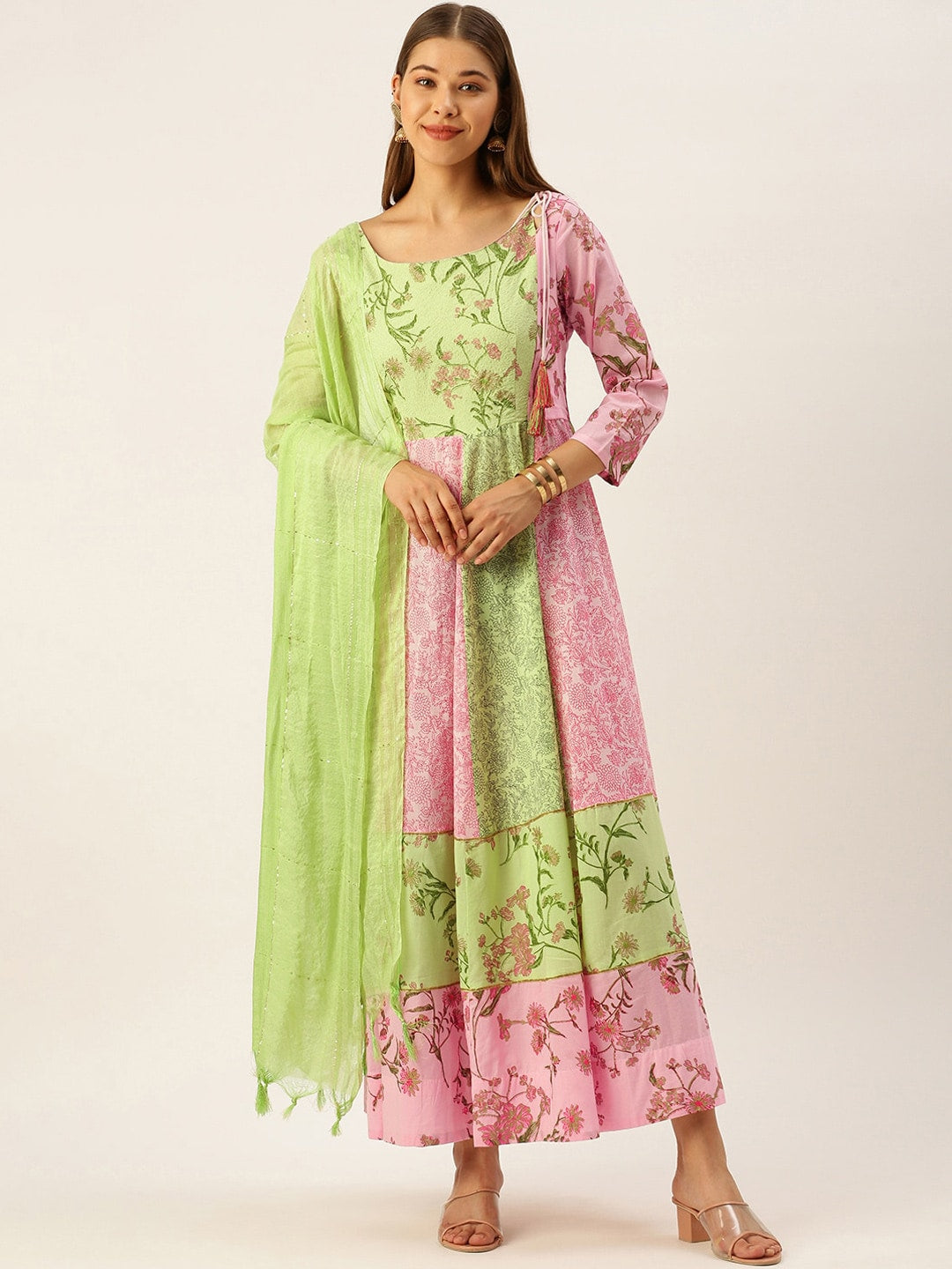HERE&NOW Women Green & Pink Floral Printed Anarkali Cotton Kurta With Dupatta