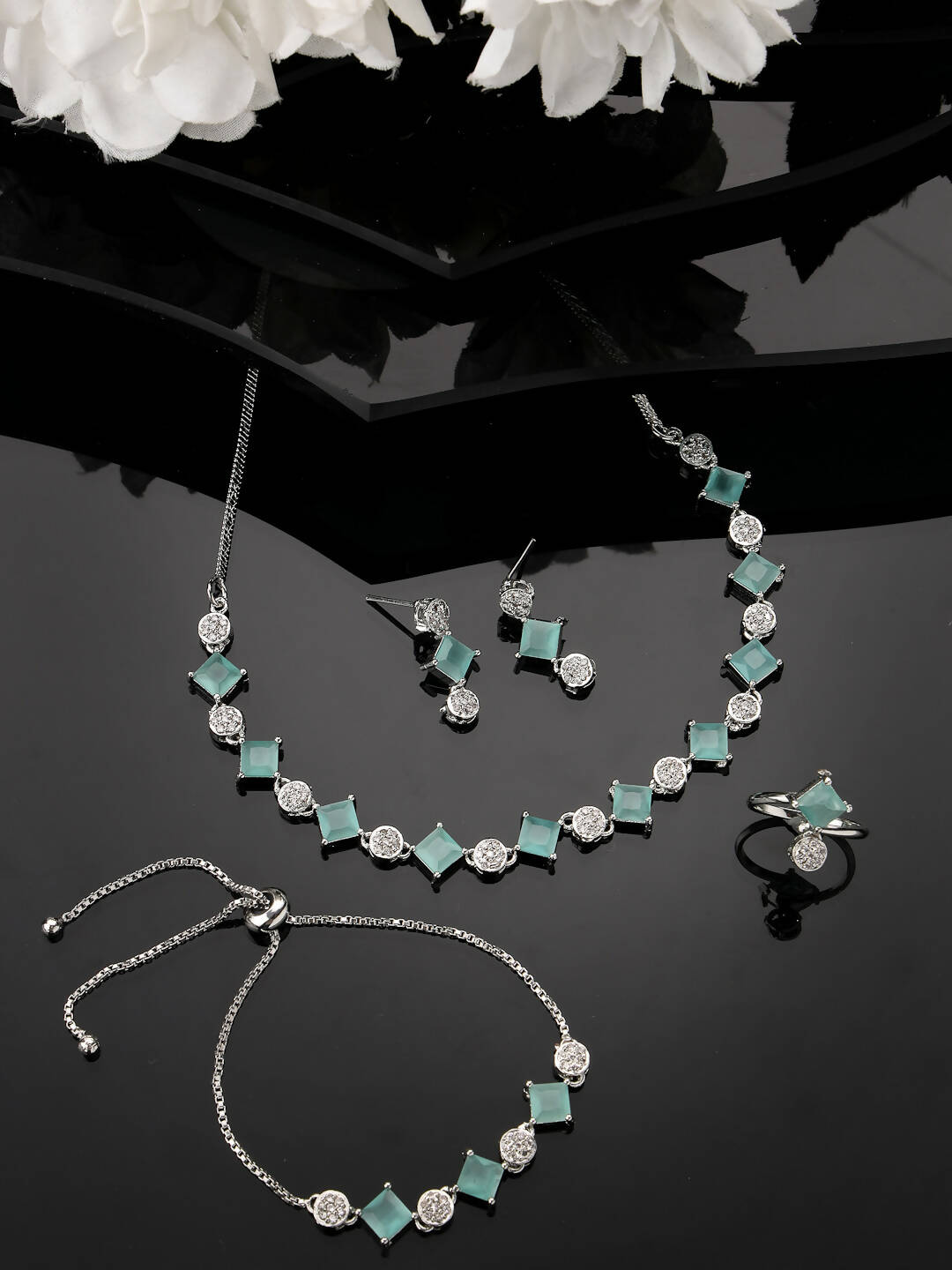 NVR Women Silver Plated & Blue Cz Stone Handcrafted Jewellery Set - Grab2buy