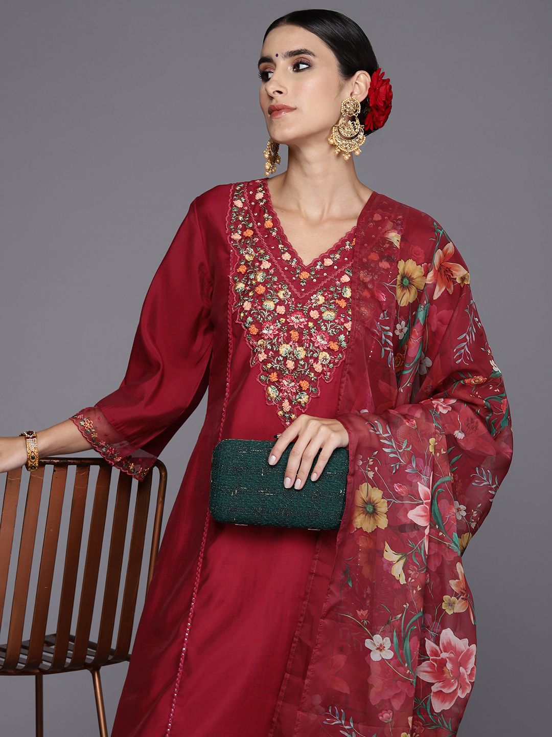 Indo Era Women Floral Yoke Design Panelled Thread Work Kurta with Trousers & Dupatta