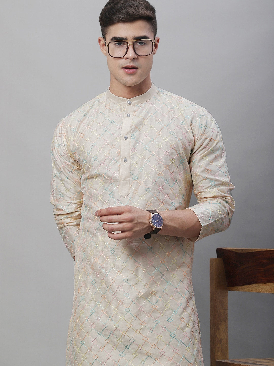 Sojanya Band Collar Embroidered Cotton Silk Kurta 