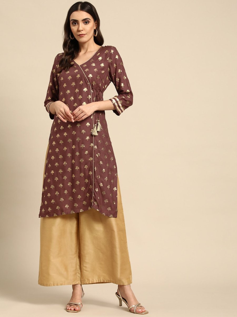 All About You Women Brown & Golden Ethnic Motifs Printed Gotta Patti Kurta