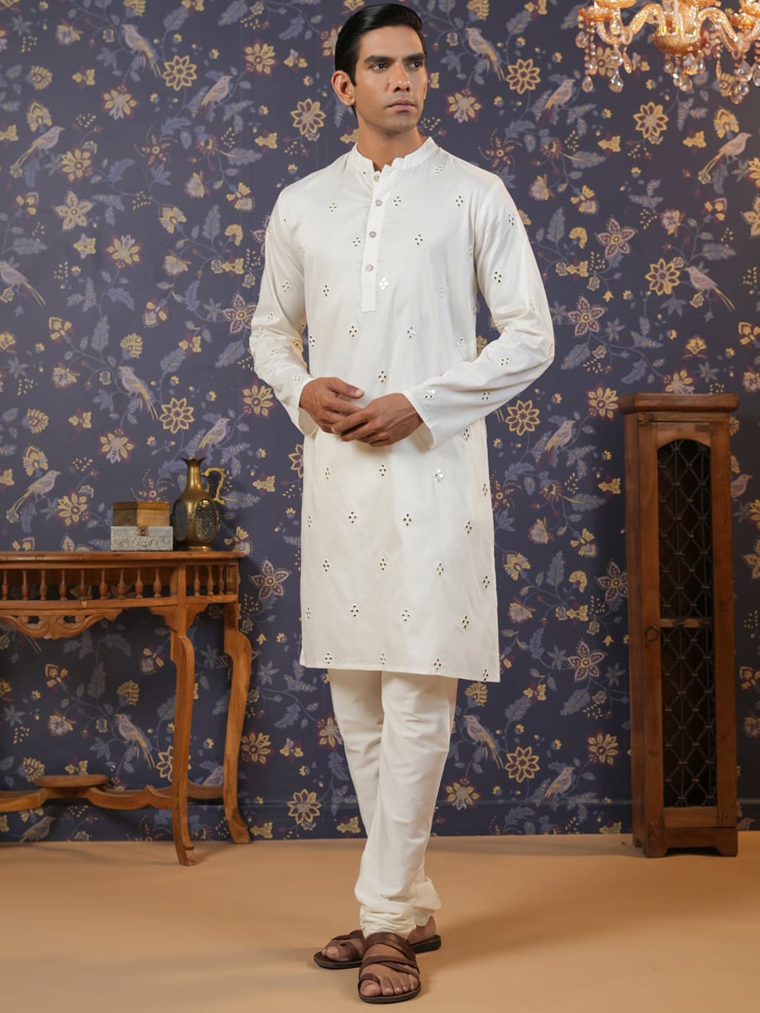 House of Pataudi Embroidered Mirror Work Straight Kurta With Pyjama