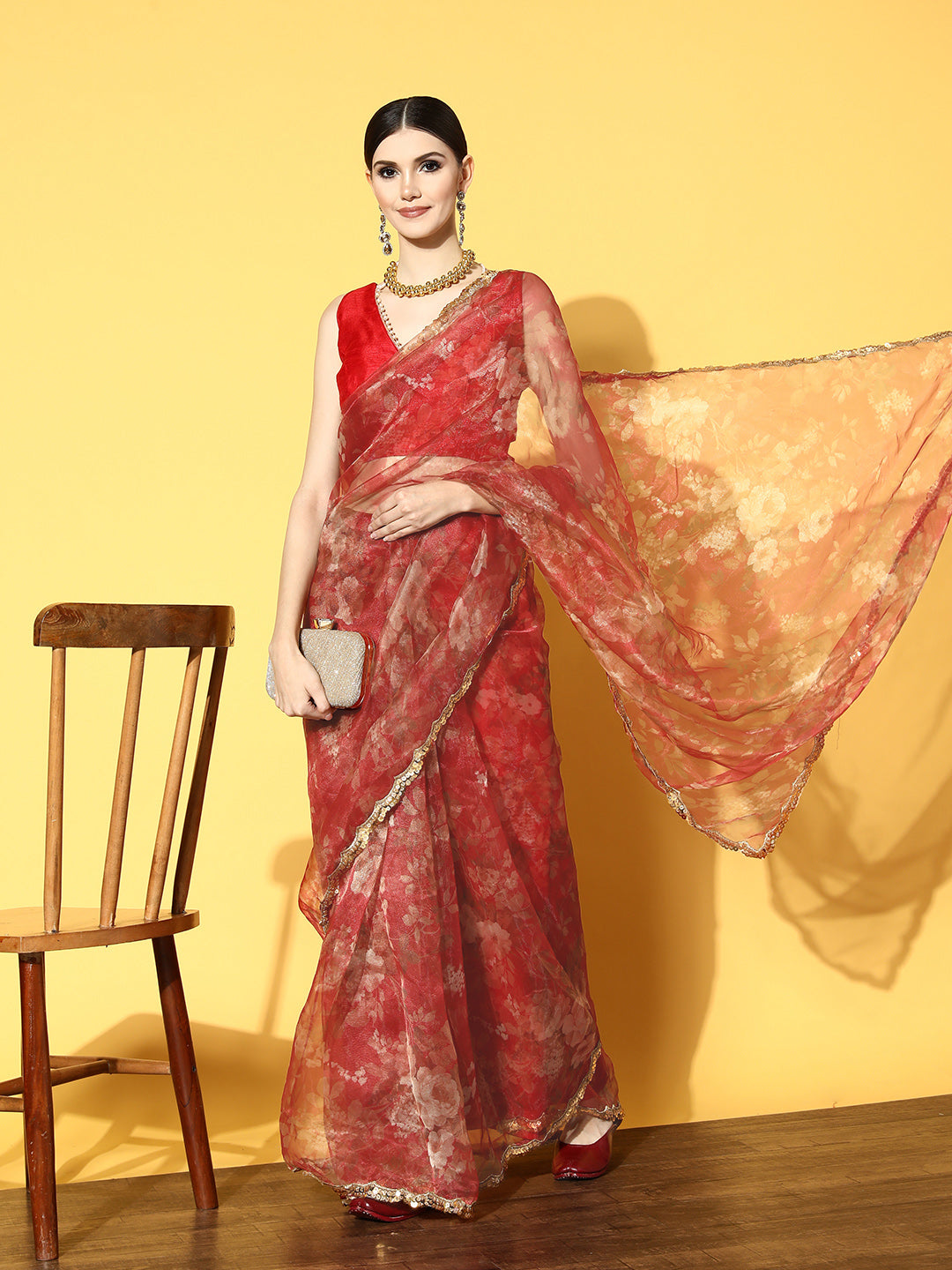 Tikhi Imli Red Floral Sequinned Organza Grab2Buy 