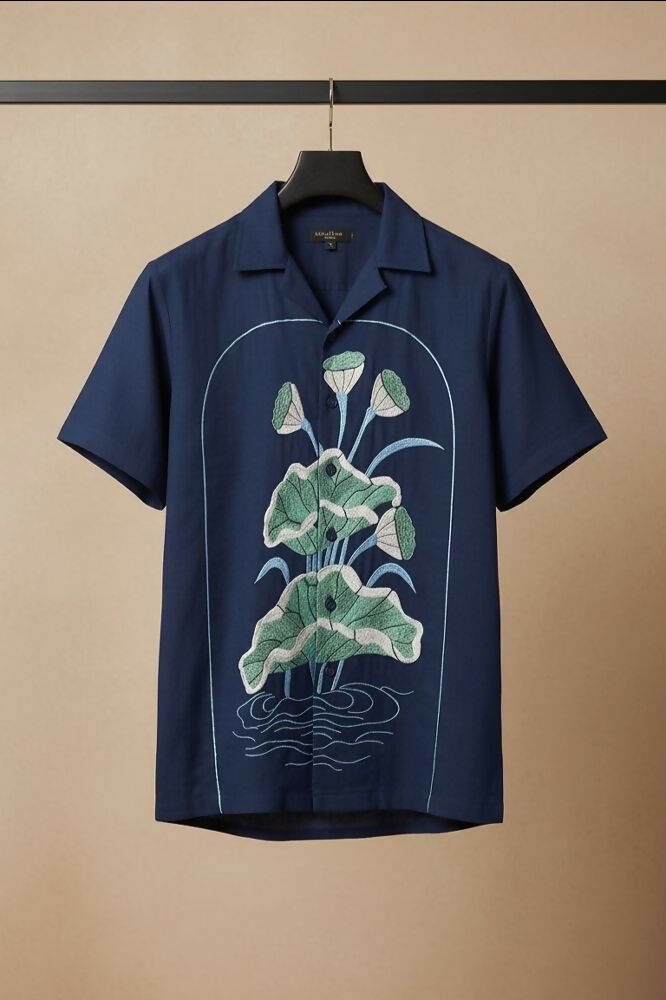 Midnight Bloom — Navy Lotus Embroidered Cotton Shirt by Hilo Design