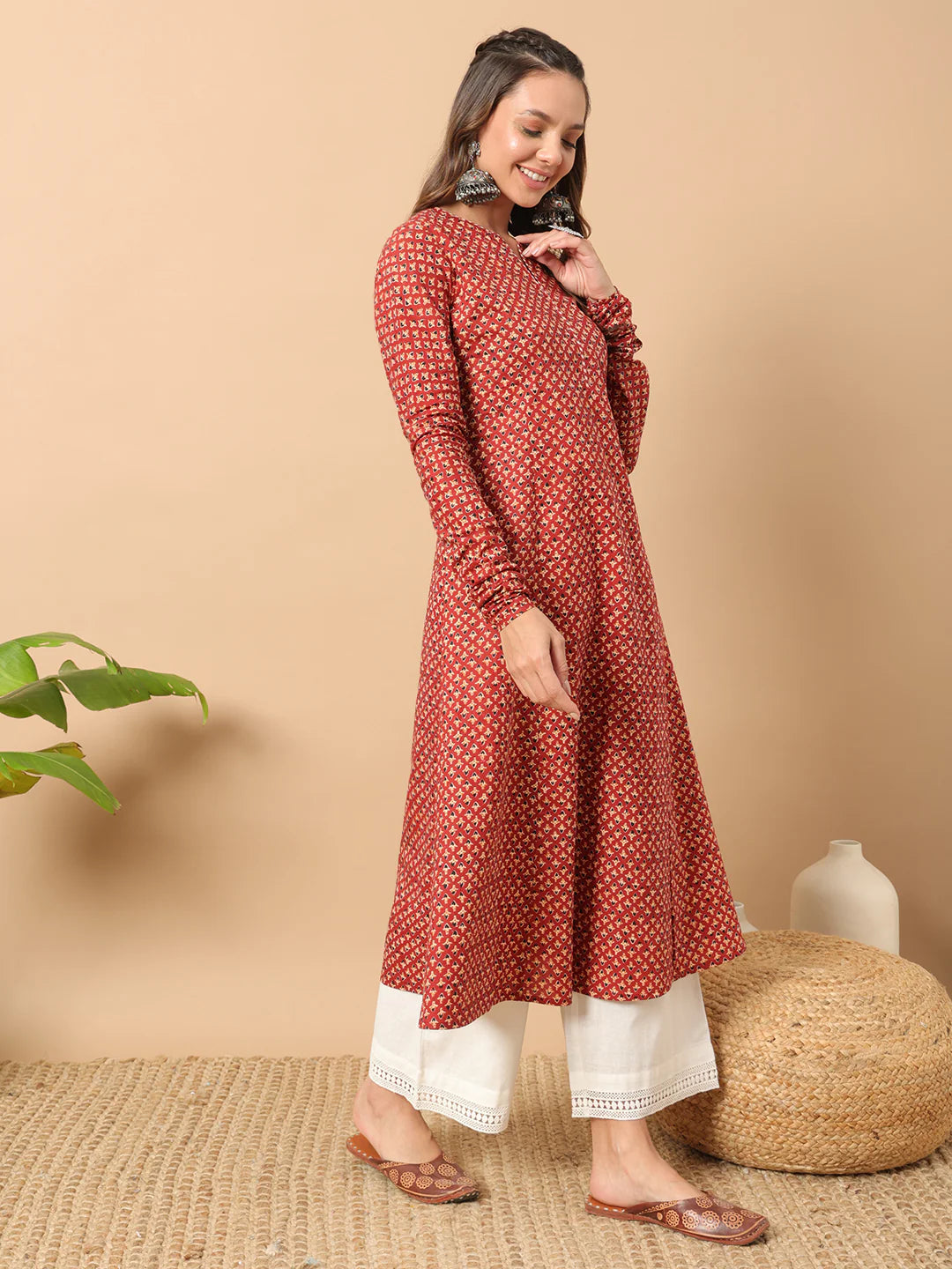 FIORRA Women's Floral Printed Red Cotton A-Line Kurta 