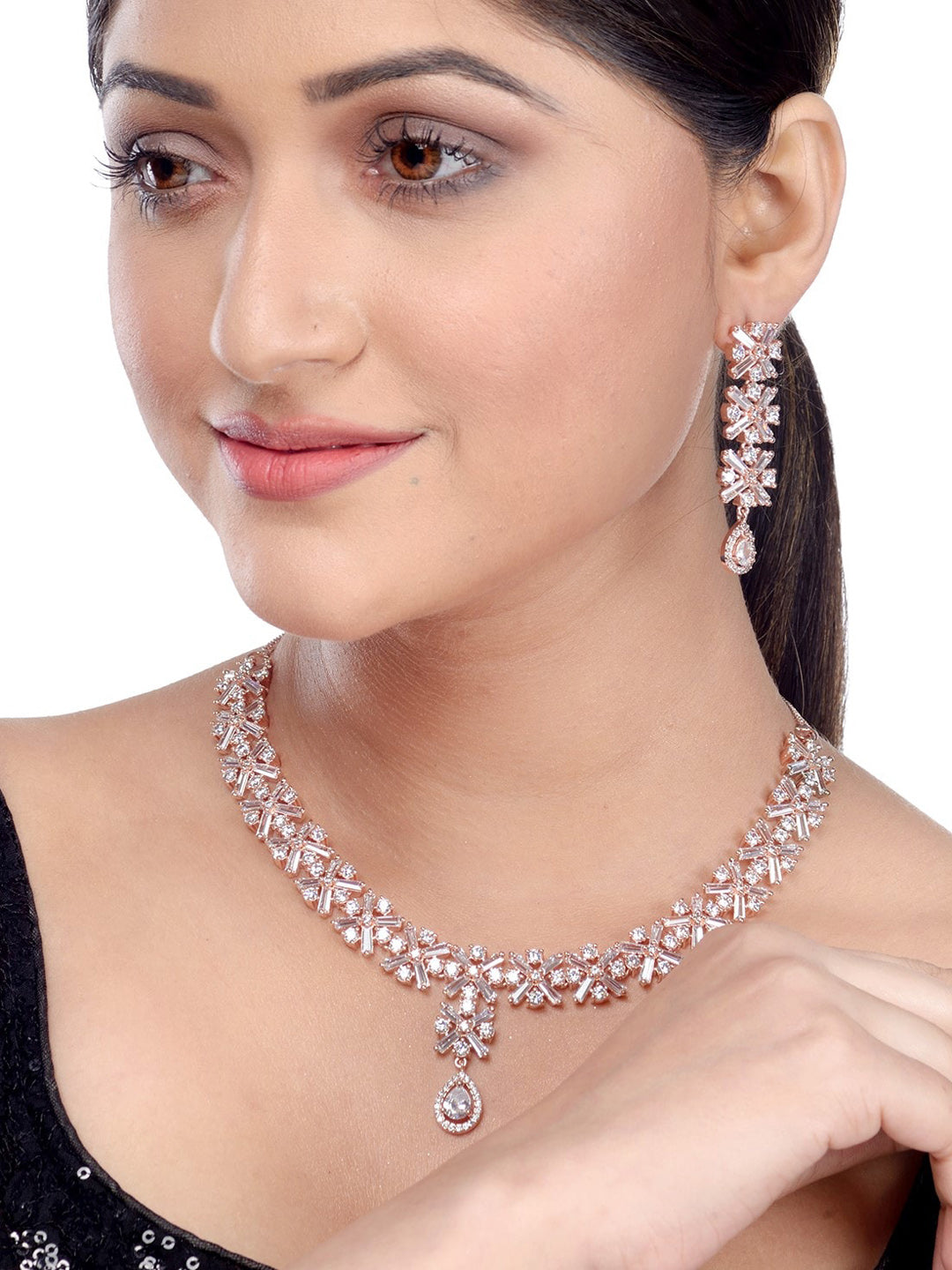 Saraf RS Jewellery Rose Gold-Plated American Diamond Studded Handcrafted Jewellery Set - Grab2buy