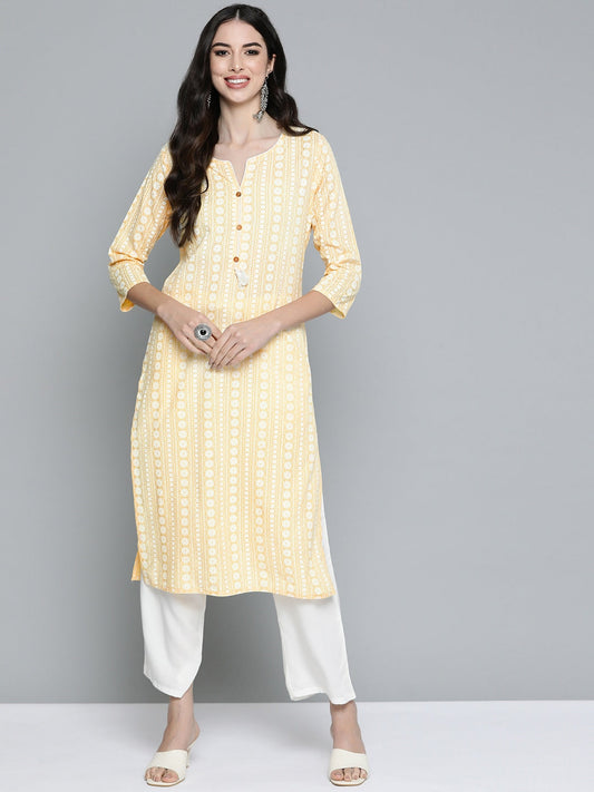 HERE&NOW Women Yellow & Off-White Printed Regular Kurta with Palazzos