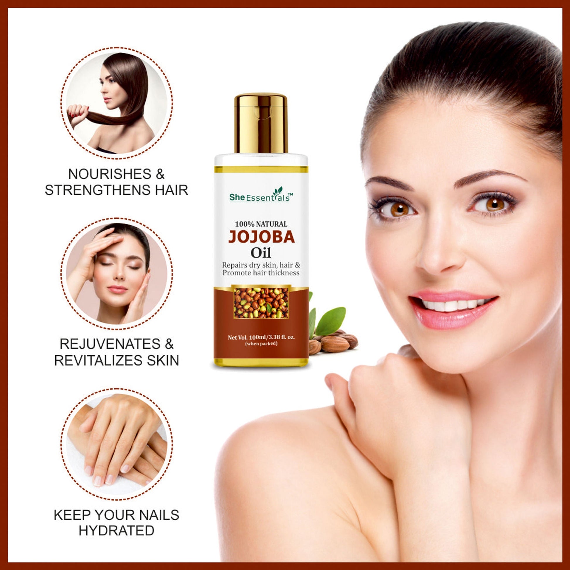 She Essentials Pure Cold Pressed Natural Unrefined Jojoba Oil For Face, Hair & Skin