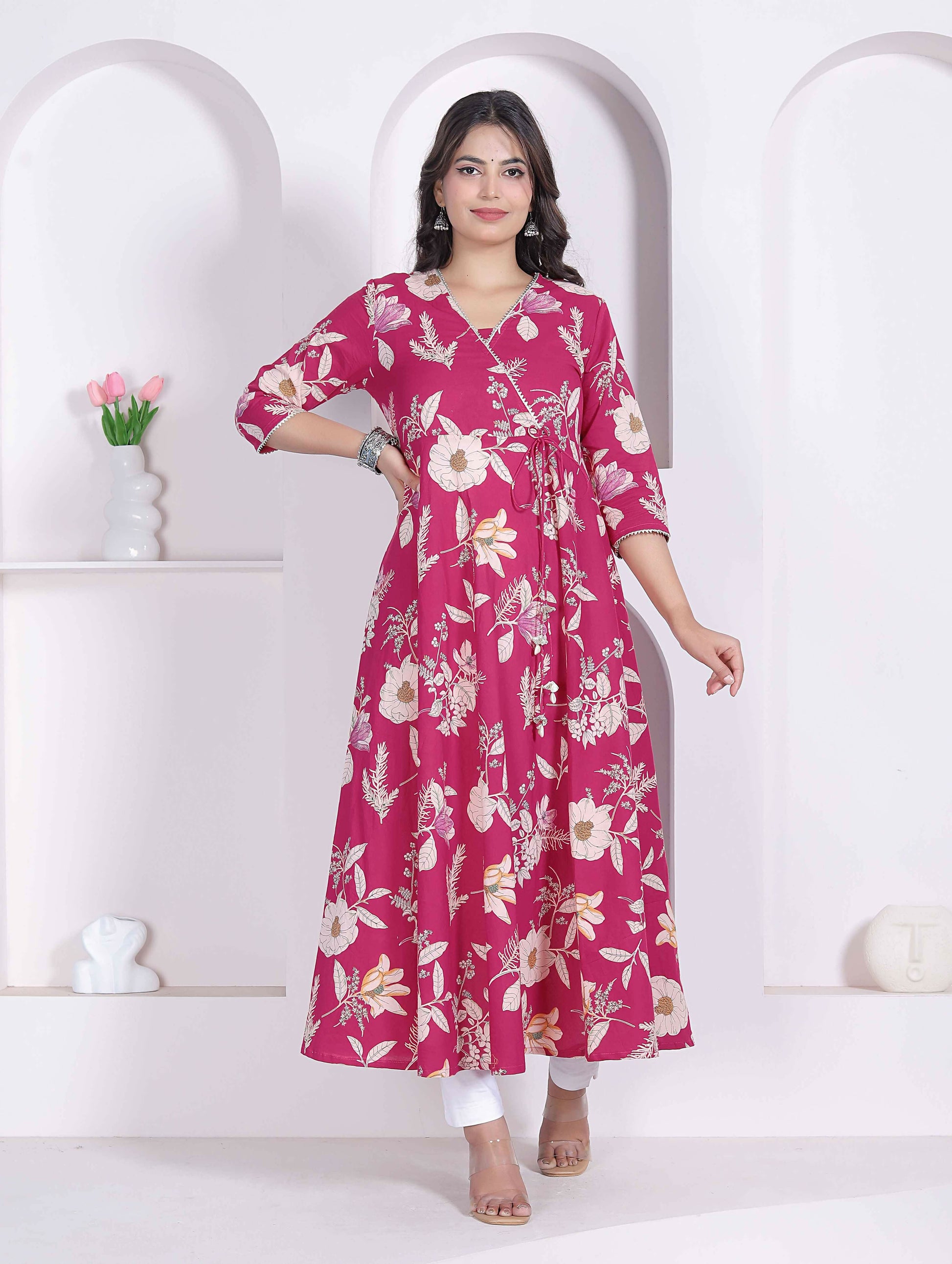 Miravan Womens Pink Floral Printed Angrakha Kurta