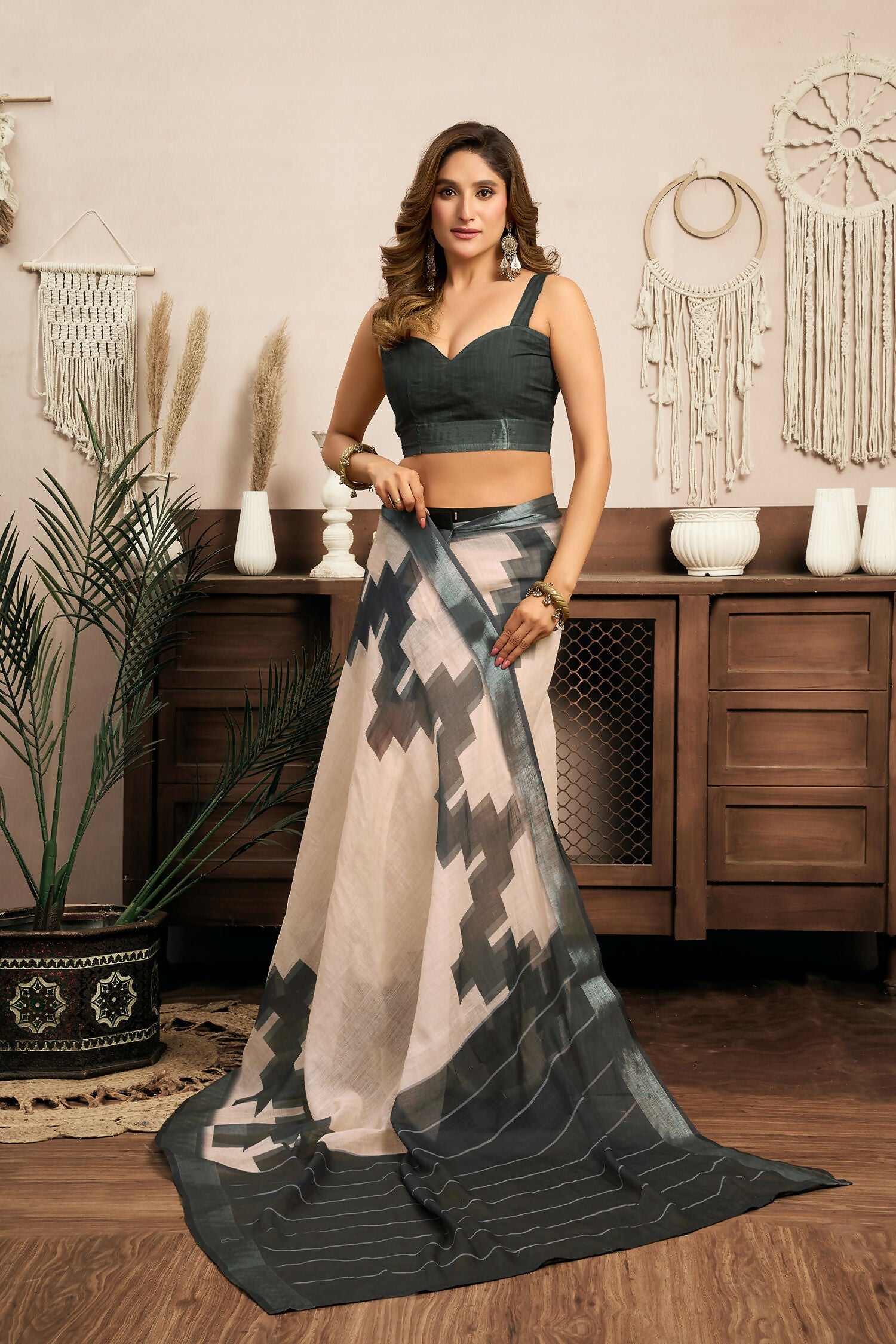 Joban Fashion White & Grey Ethnic Motifs Linen Ready To Wear Saree With Unstitched Blouse
