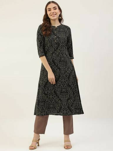FIORRA Women's Black Printed Flared Cotton Kurta 