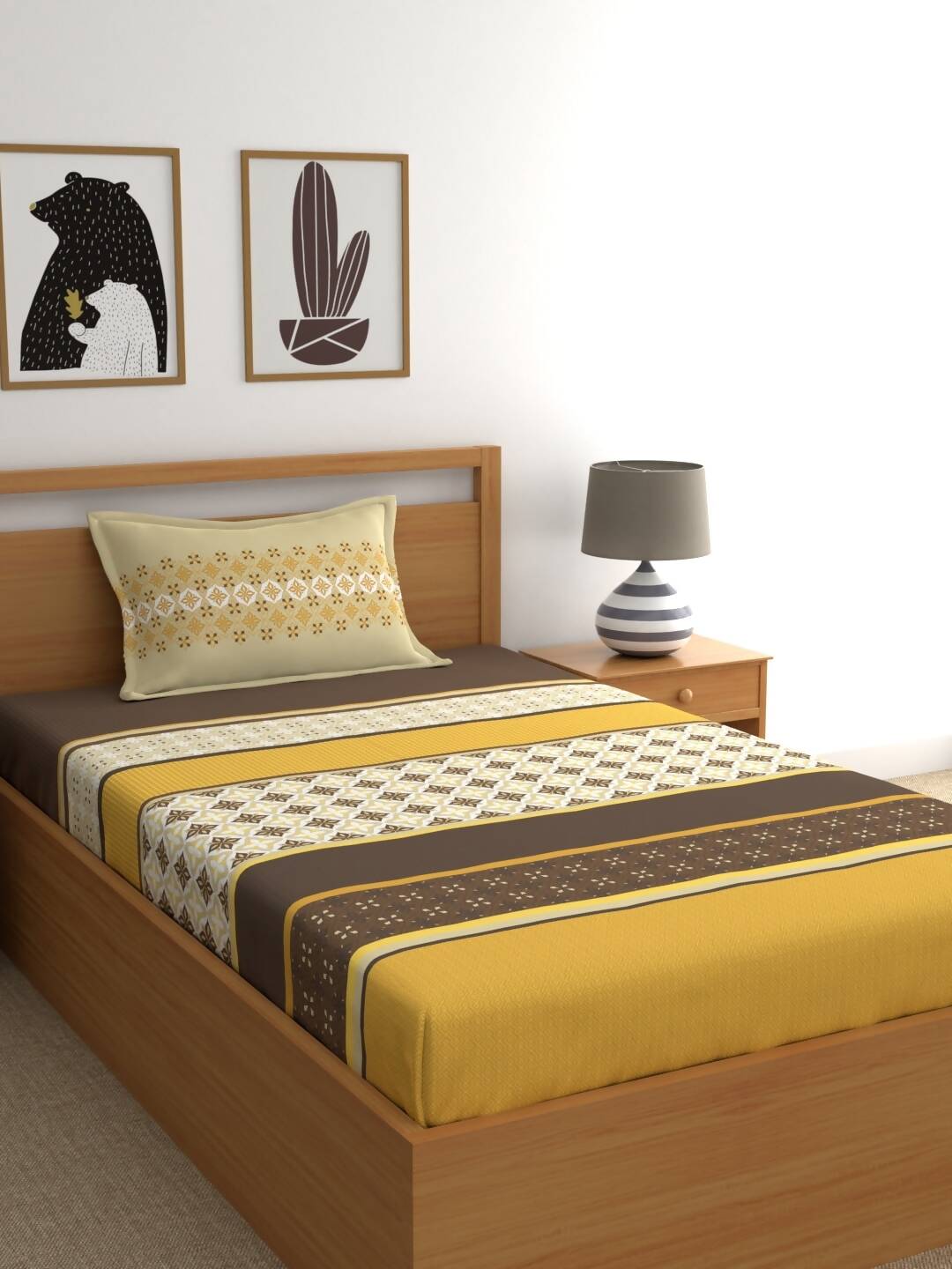 Home Ecstasy Mustard & Cream Ethnic Motifs 140TC Bedsheet With Pillow Covers