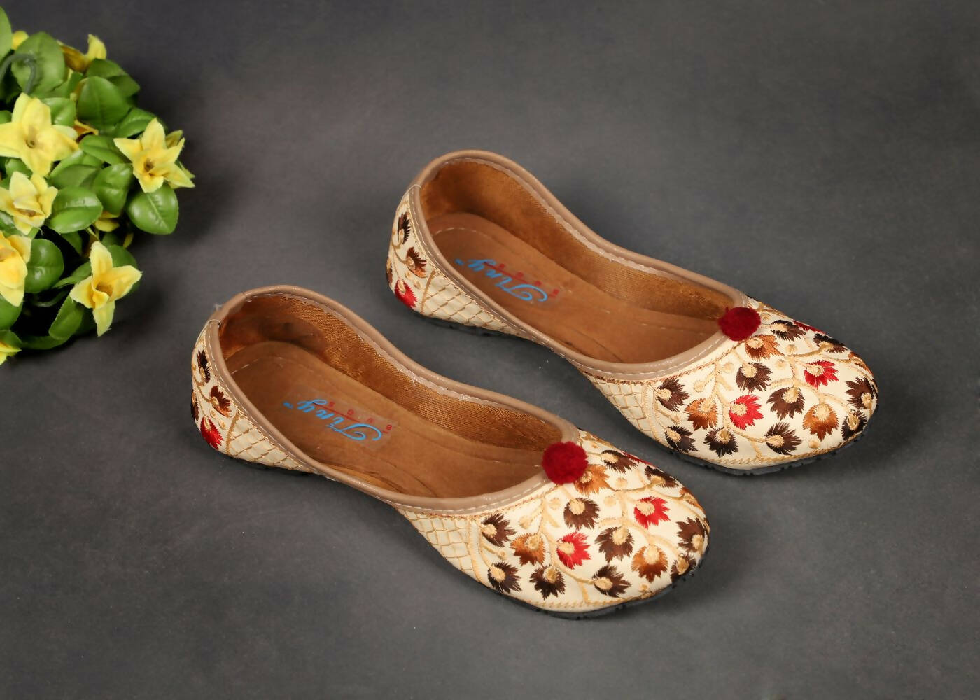 Tiny Bugs Girls Ethnic Floral Embroidered Juttis - Beige  Grab2Buy Tiny Bugs Grab2Buy