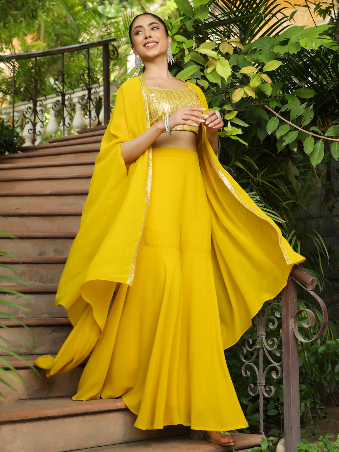Janasya Yellow Georgette Sequined Top Bottom Cape 