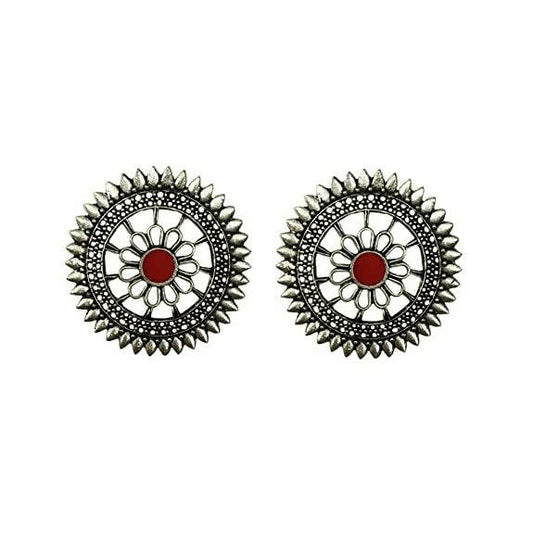 Tiaraa Red Alloy Silver Oxidised Stud Fashion Earrings - Grab2buy