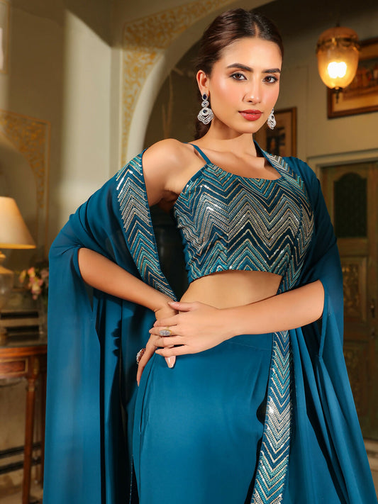 Janasya Teal Blue Georgette Embroidered Top Bottom Cape 
