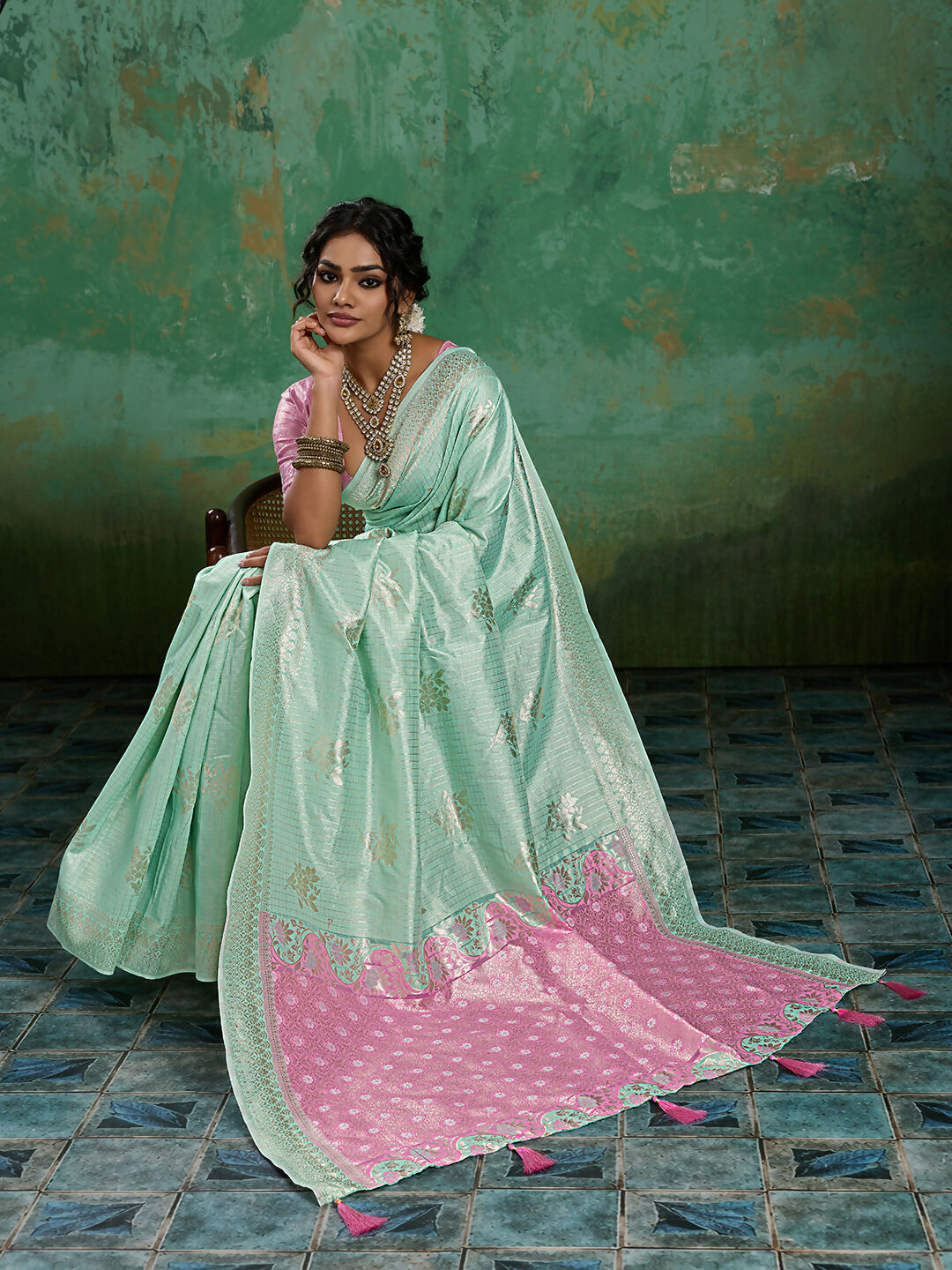 Shree Shyam Fashion Rama Green Linen Cotton Saree