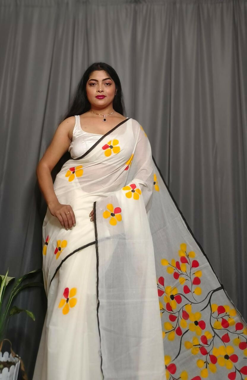 Exclusive Collection Beautiful White Yellow Pure Cotton Hand Print Handloom Grab2Buy With Running Blouse Piece 